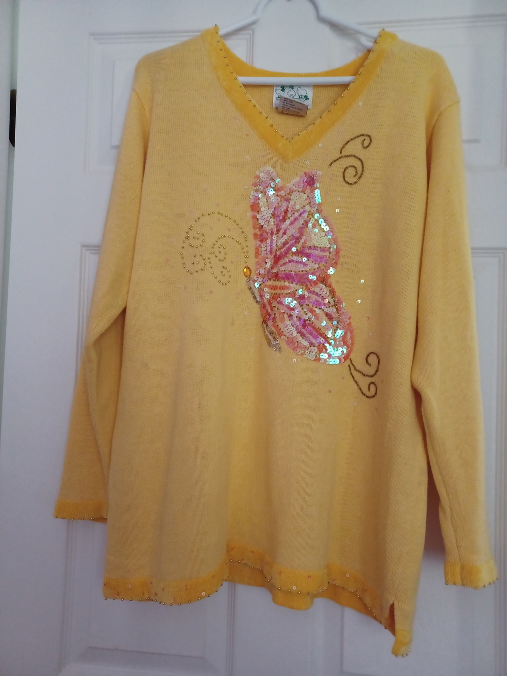 Quacker Factory Yellow V-Neck Sweater with Sequin Butterfly